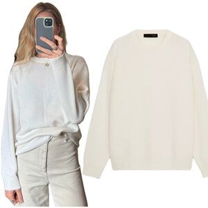 NWOT Zara 100% Cashmere Off Cream White Knit Woven Crochet Crewneck Sweater